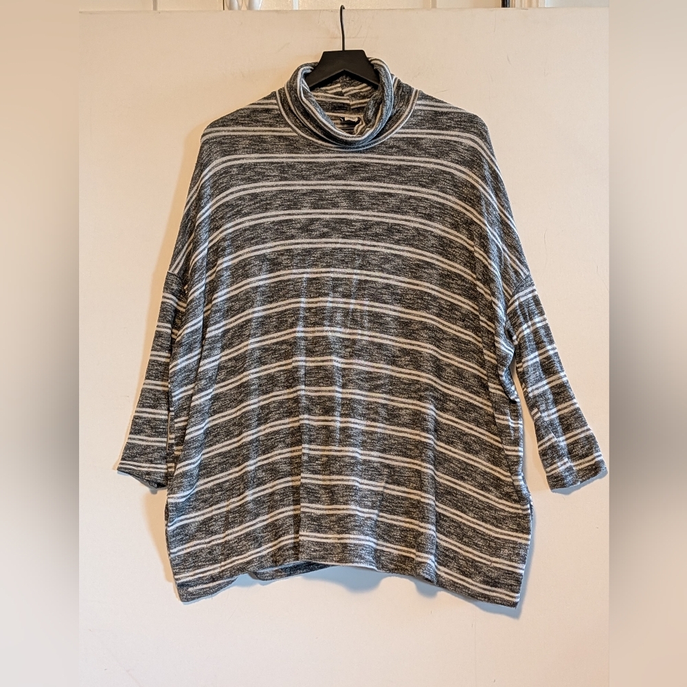 Anthropologie Striped Cowl Neck Sweater Top Medium Gray Relaxed Oversized Basics